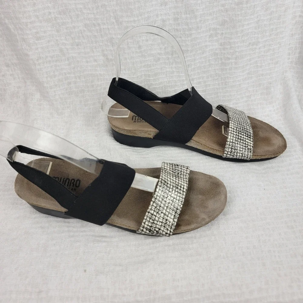 Munro American Sandals‎ Womens Size 8 Black White Snake Elastic Straps Summer
